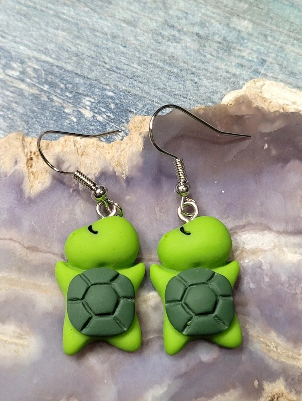 Cute Green Turtle & Frog Kids Earrings - Set of 2 Pairs